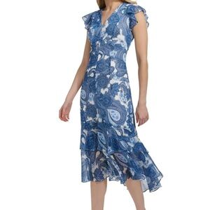 Tommy Hilfiger Womens Paisley-print Ruffled Midi Dress - Ivory Blue Size 8